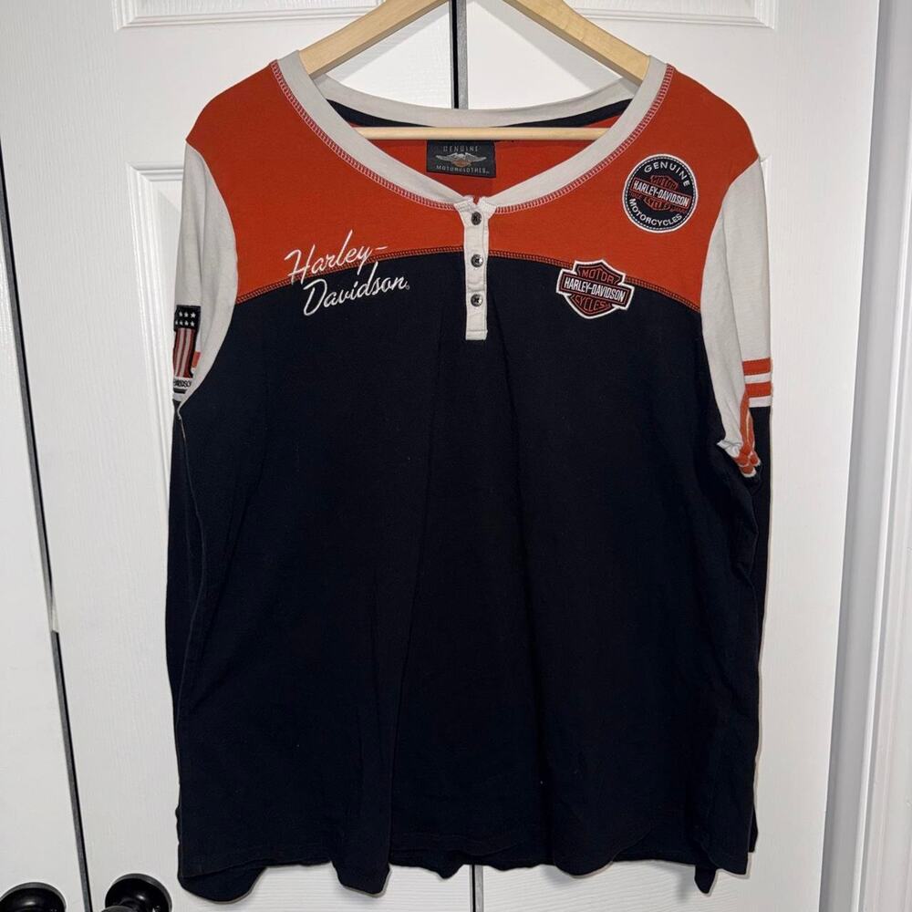 Y2k 2000s harley davidson colorblock henley long sleeve t-shirt size large